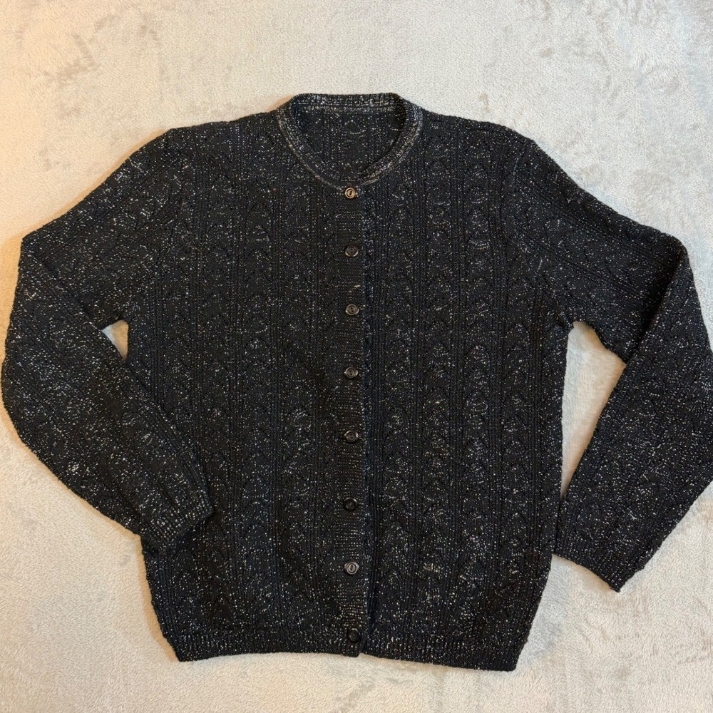 Black Metallic Cable Knit Cardigan Sweater Silver Shimmer Button Front Crew Neck